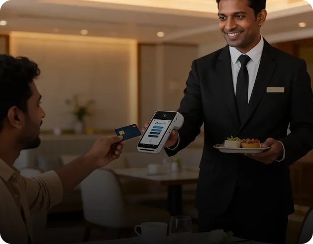 A waiter holding a Payable PRO terminal out to a diner, who is tapping a card against it.