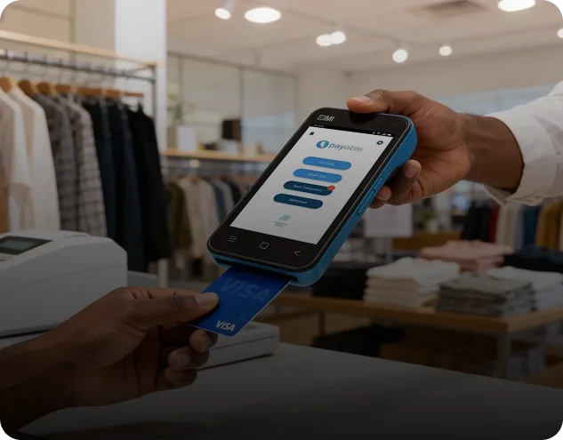 A shopper dipping a Visa card into a blue Payable MINI reader held across a clothing shop counter.