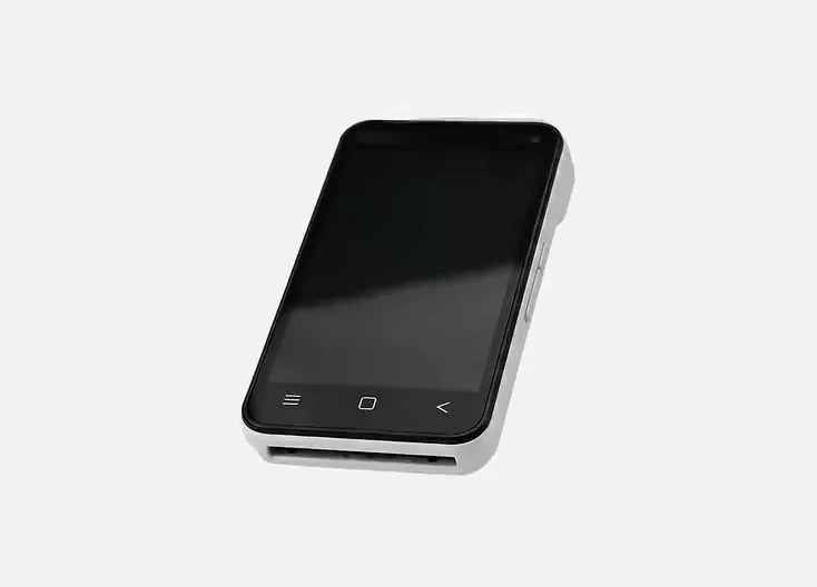The Payable MINI card reader, turning to show its screen and card slot.