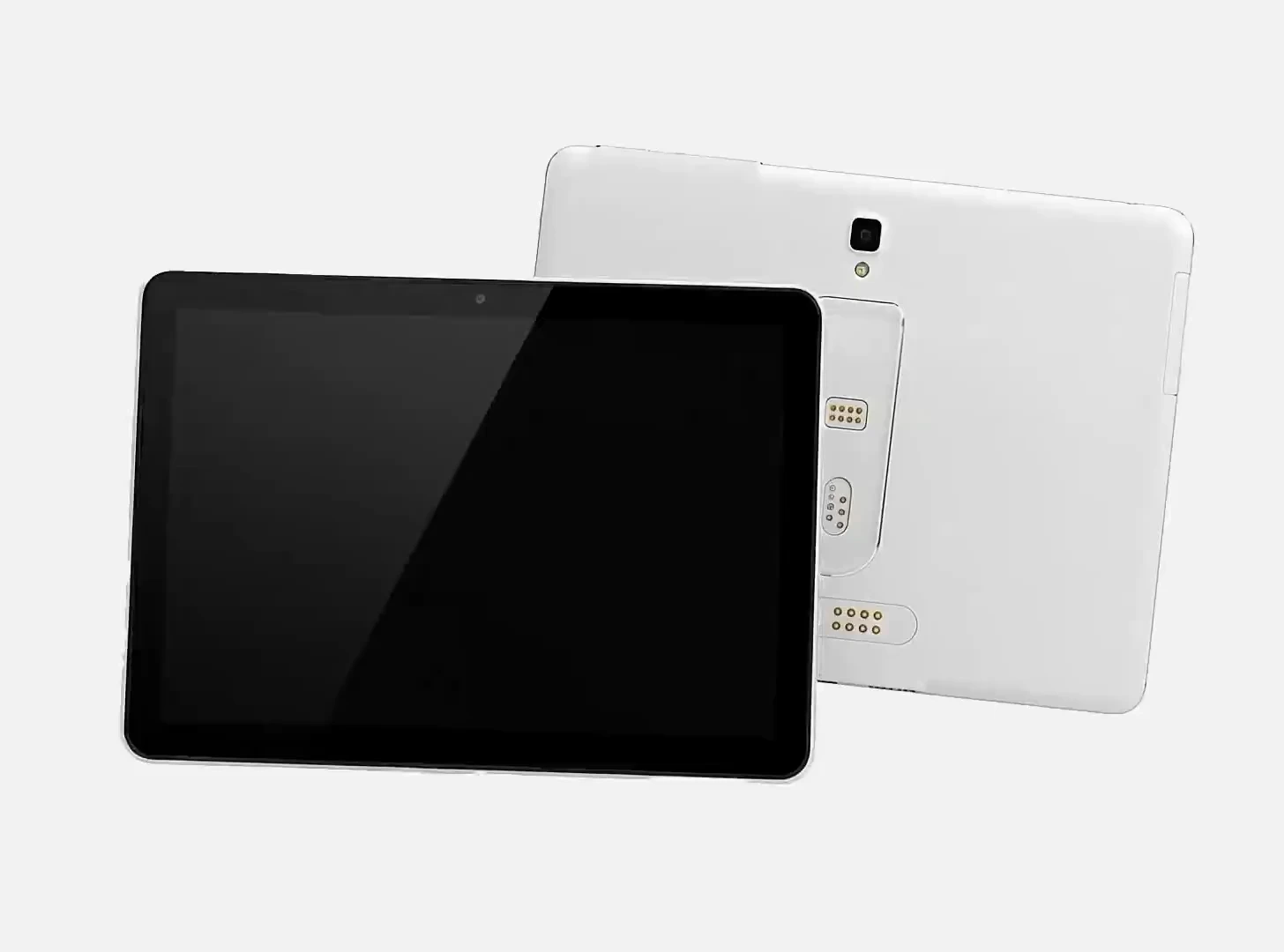 A tablet point of sale, turning to show its screen and its back.