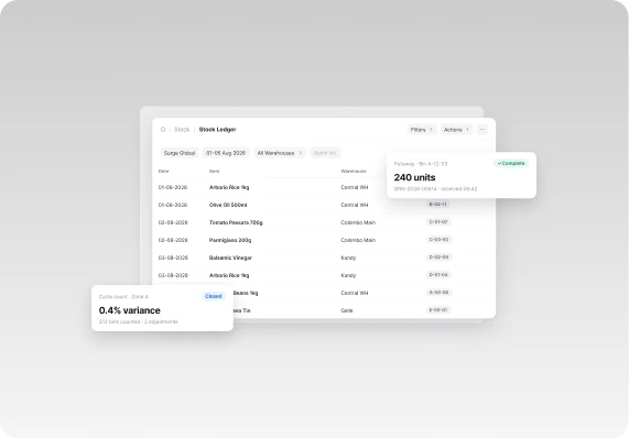 Purchase orders and supplier records in Surge Cloud
