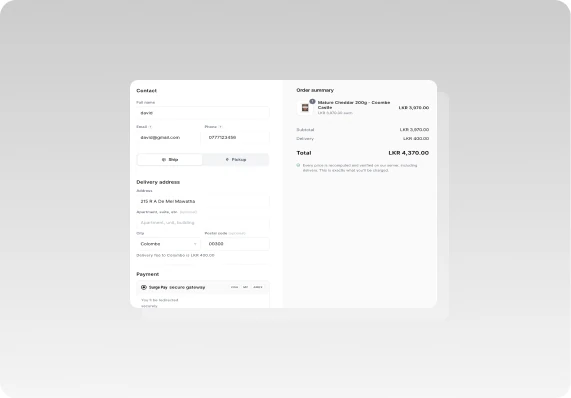 The Surge Cloud checkout, with delivery address and payment